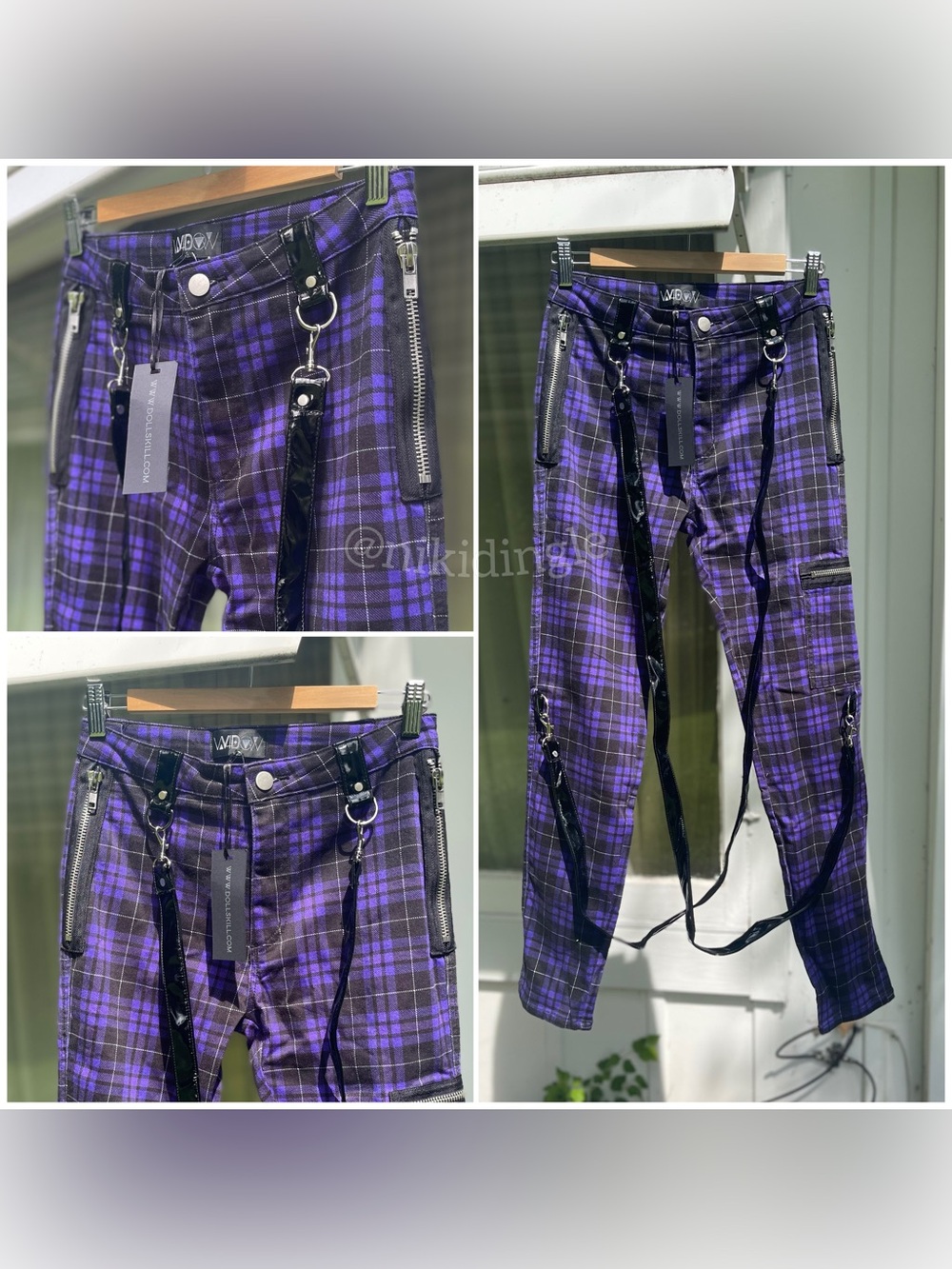 Dolls Kill Purple & Plaid Cargo Pants Bondage Harness Skinny Jeans M Punk Goth - Picture 3 of 9